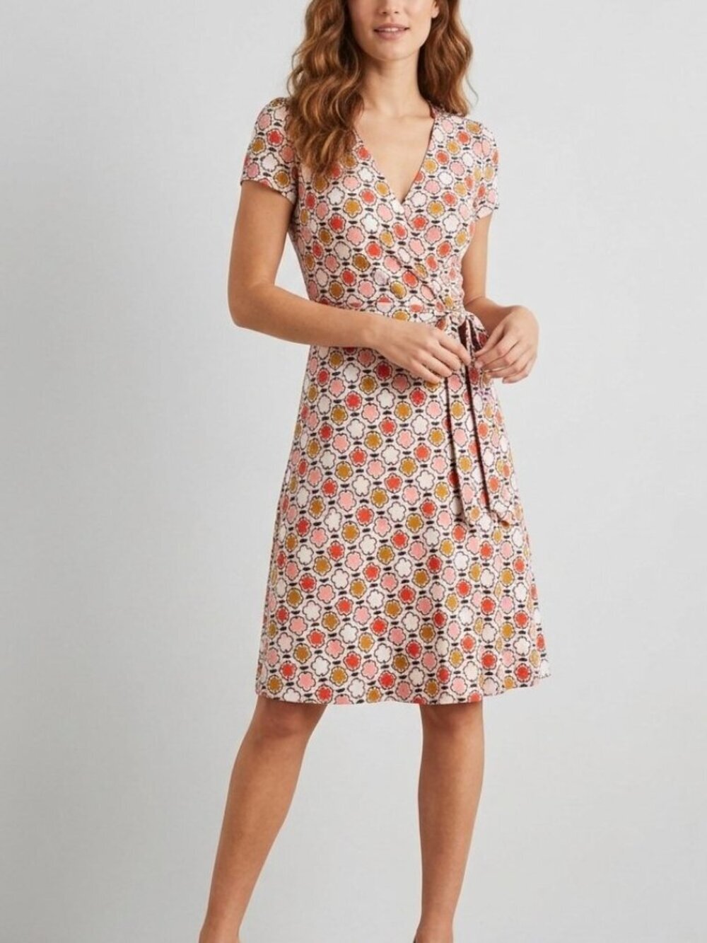 Boden Retro Floral Jersey Stretch Wrap Dress Pink Coral Mustard Size 4 - Picture 1 of 12